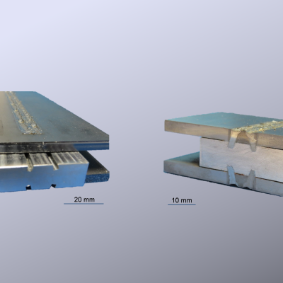 Ein im Rahmen des Verbundprojekts entwickelter Aluminium-Stahl Adapter frontal und im Querschnitt. Maßstäbe: 20 Millimeter (links) und 10 Millimeter (rechts) (Foto: LZH)