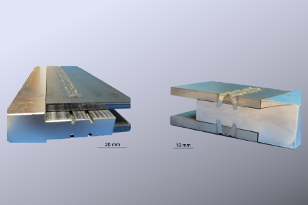 Ein im Rahmen des Verbundprojekts entwickelter Aluminium-Stahl Adapter frontal und im Querschnitt. Maßstäbe: 20 Millimeter (links) und 10 Millimeter (rechts) (Foto: LZH)